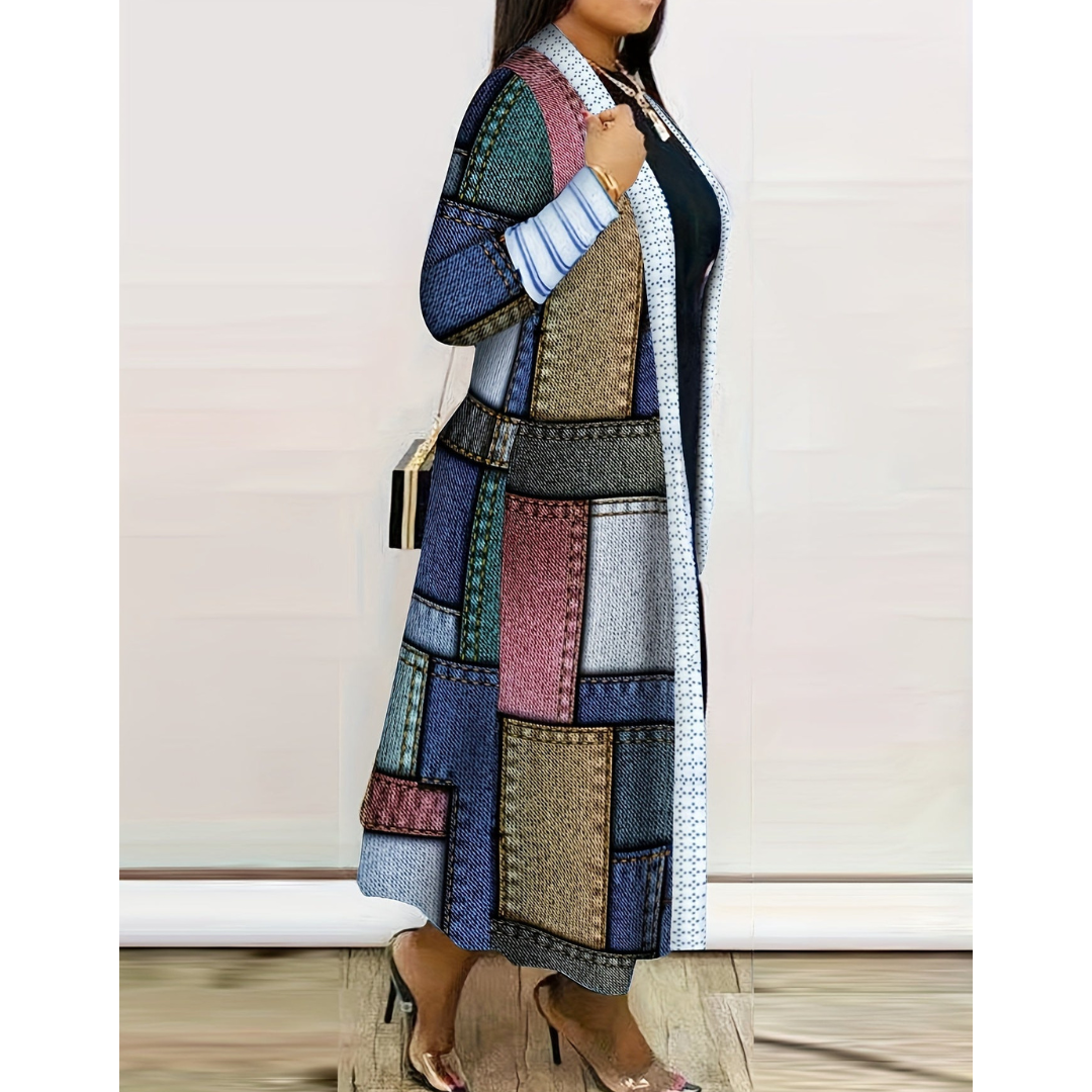 Damen-Langstrickjacke: Elegant, Oversize, Karomuster