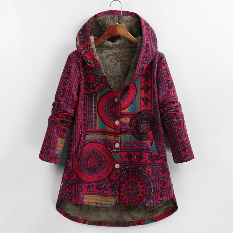 Baumwolljacke mit Kapuze und ethnischem Blumenmuster (Calanthe)