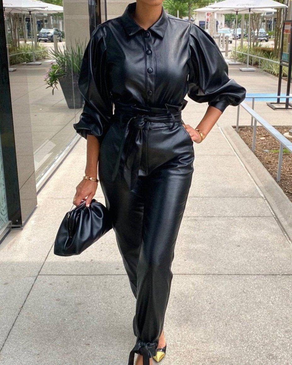 Alices eleganter PU-Overall mit Bindegürtel