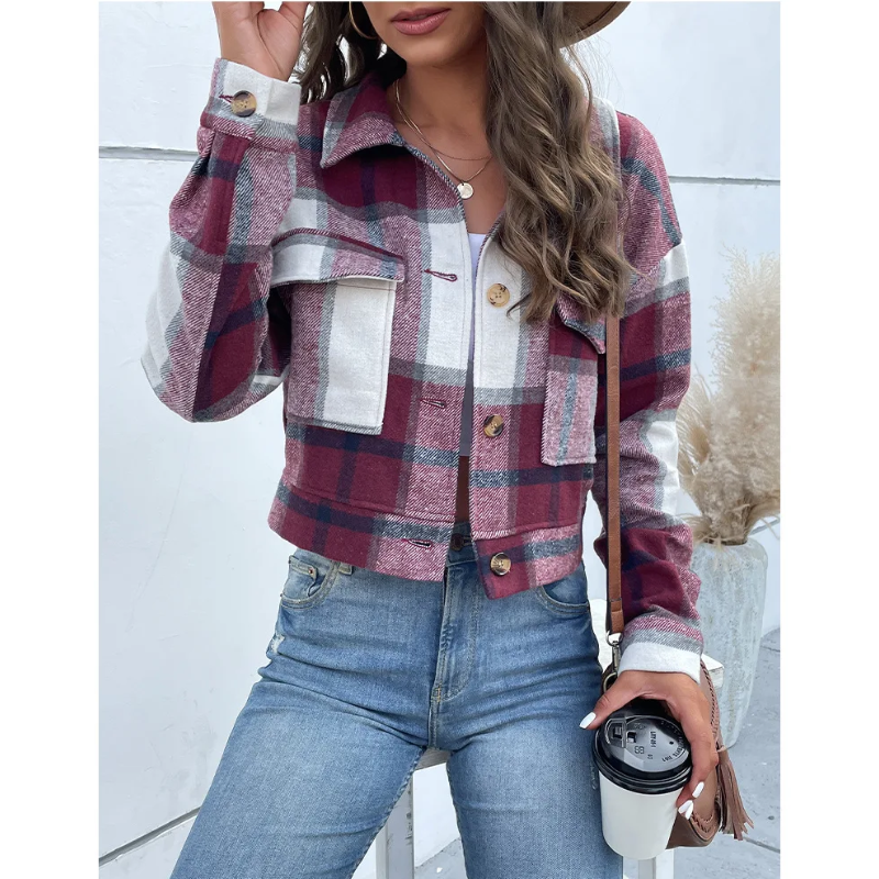 Avelena Damen Bomberjacke: Kariertes Freizeitmodell mit Brusttaschen