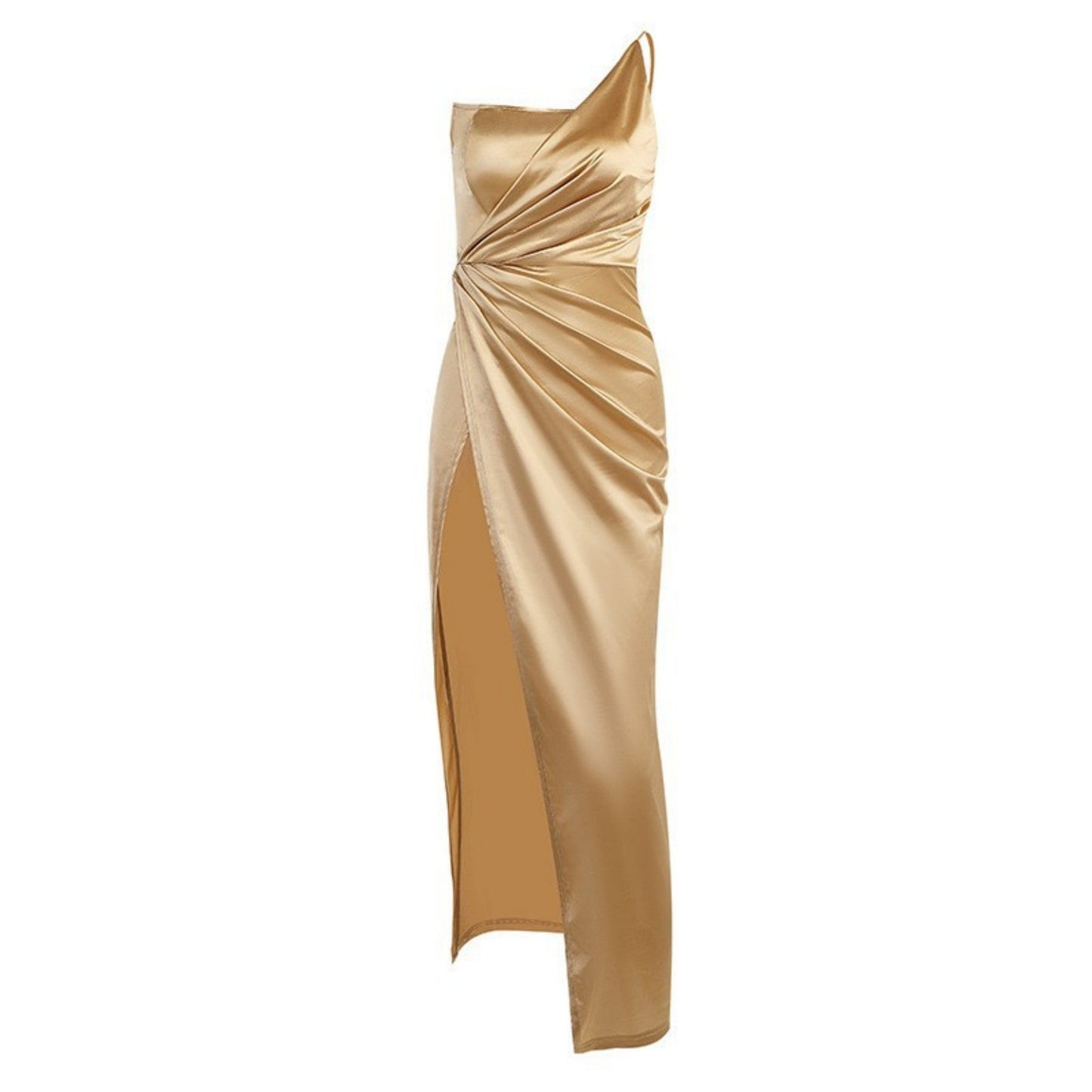 Emily: Satin-Kleid mit Fischgrätenmuster und One-Shoulder-Ausschnitt