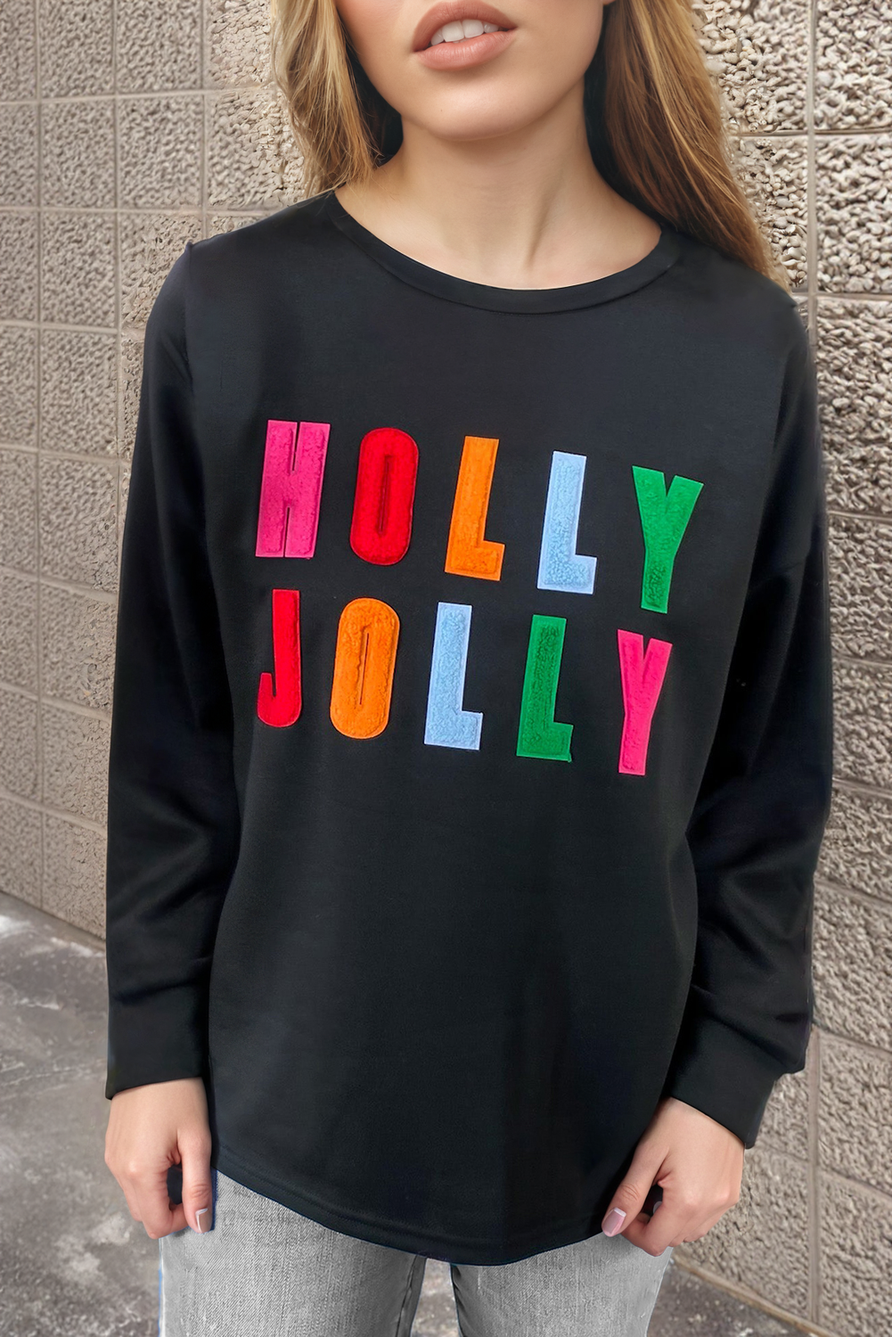 Fudus Chenille Holly Jolly Graphic Long-Sleeve Top
