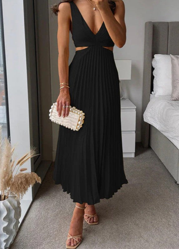 Faltenkleid mit V-Ausschnitt, offenem Rücken und Trägern von Fudus