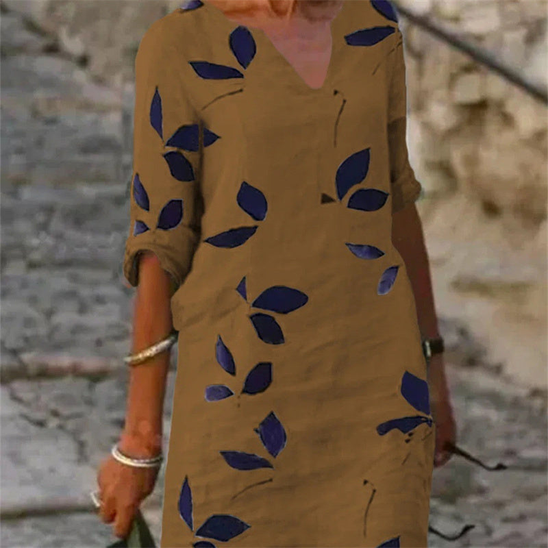 Fudus Halbarm Freizeitkleid mit Weinlese-Blätterdruck