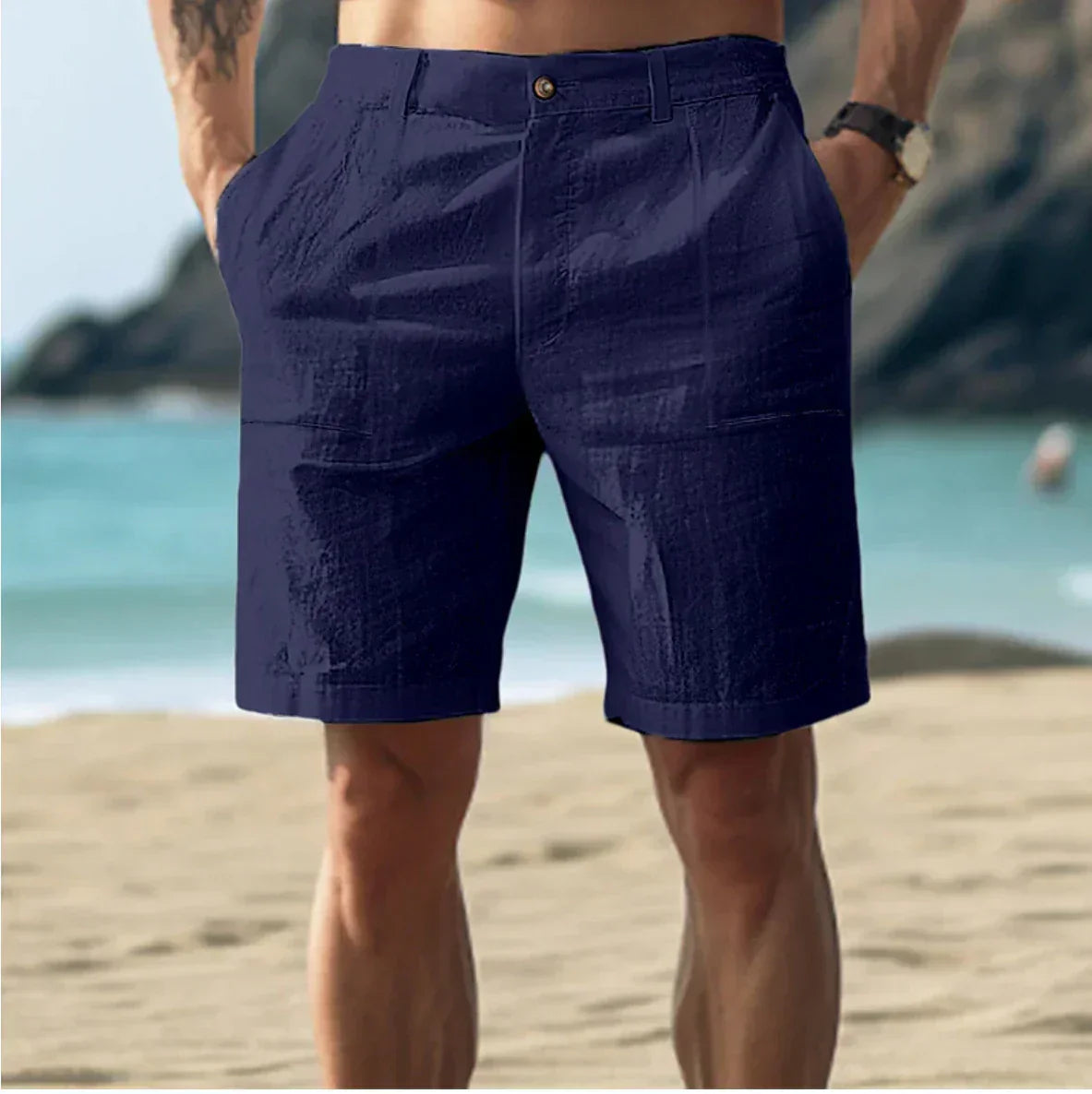 Herren-Leinenshorts mit Knopf- und Reißverschluss in lässiger Passform