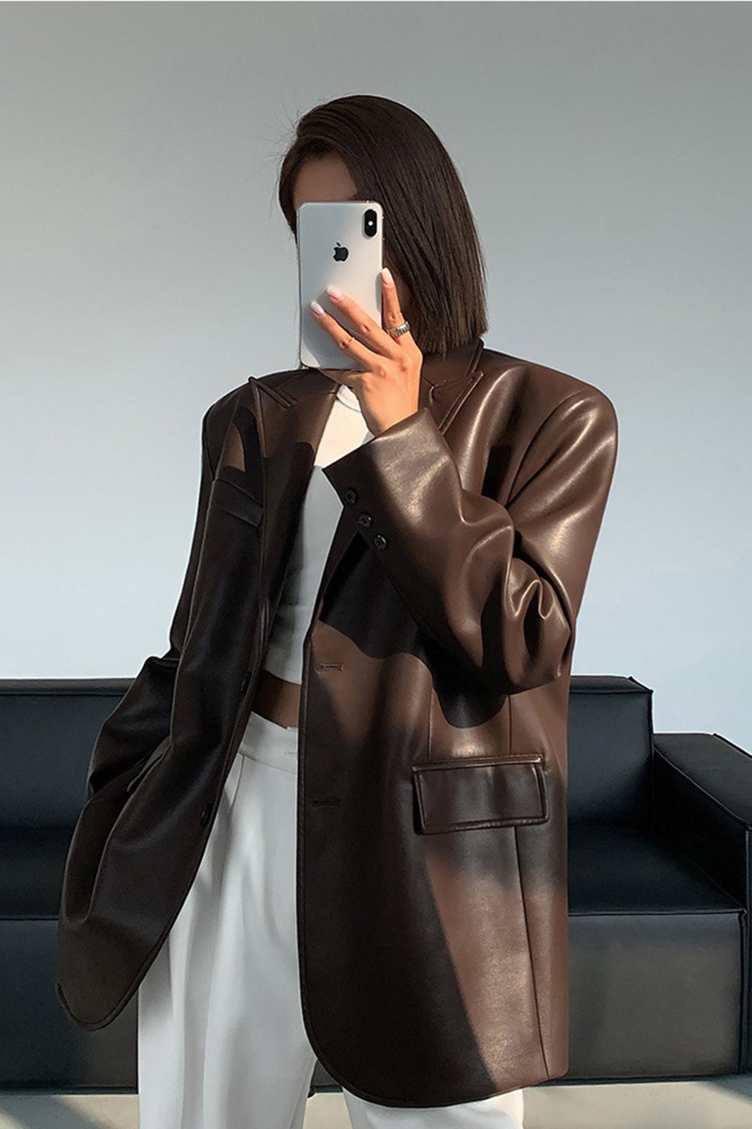 Avelena Lederblazer mit Revers und Seitentaschen