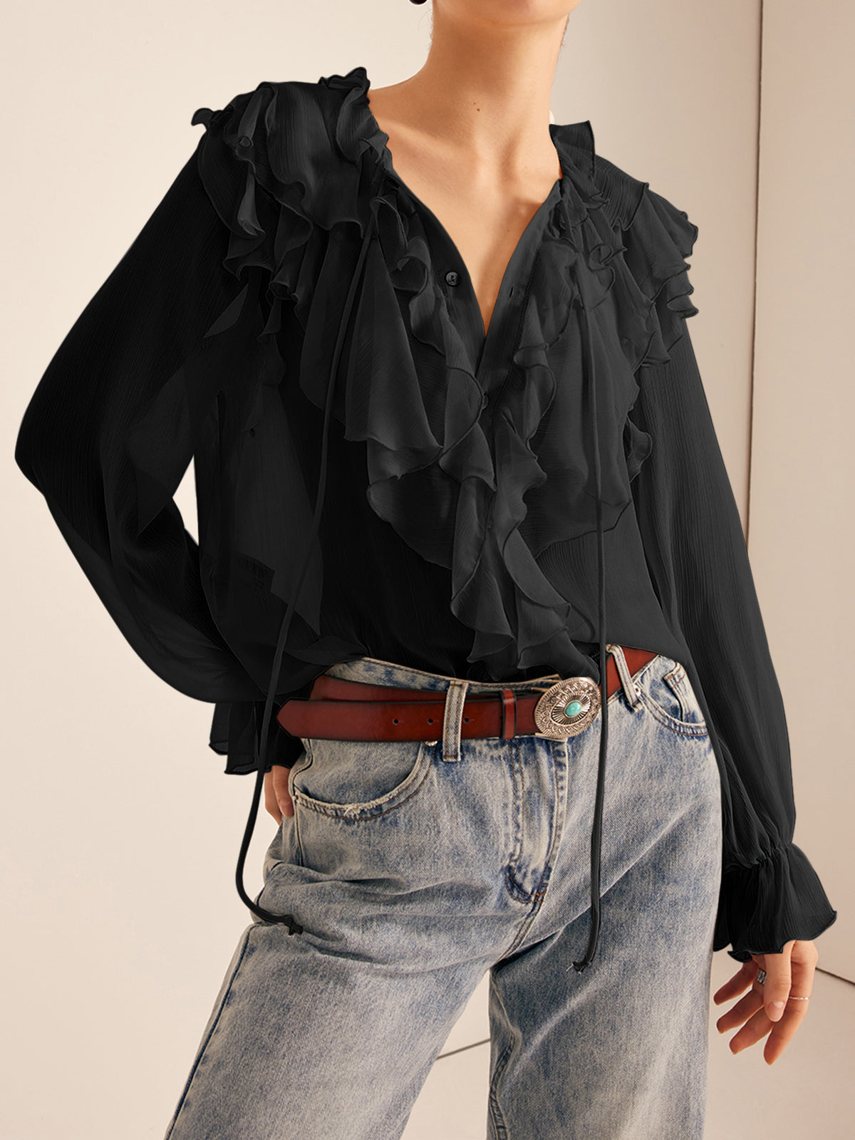 Fudus Semi-Sheer Ruffled Chiffon Blouse