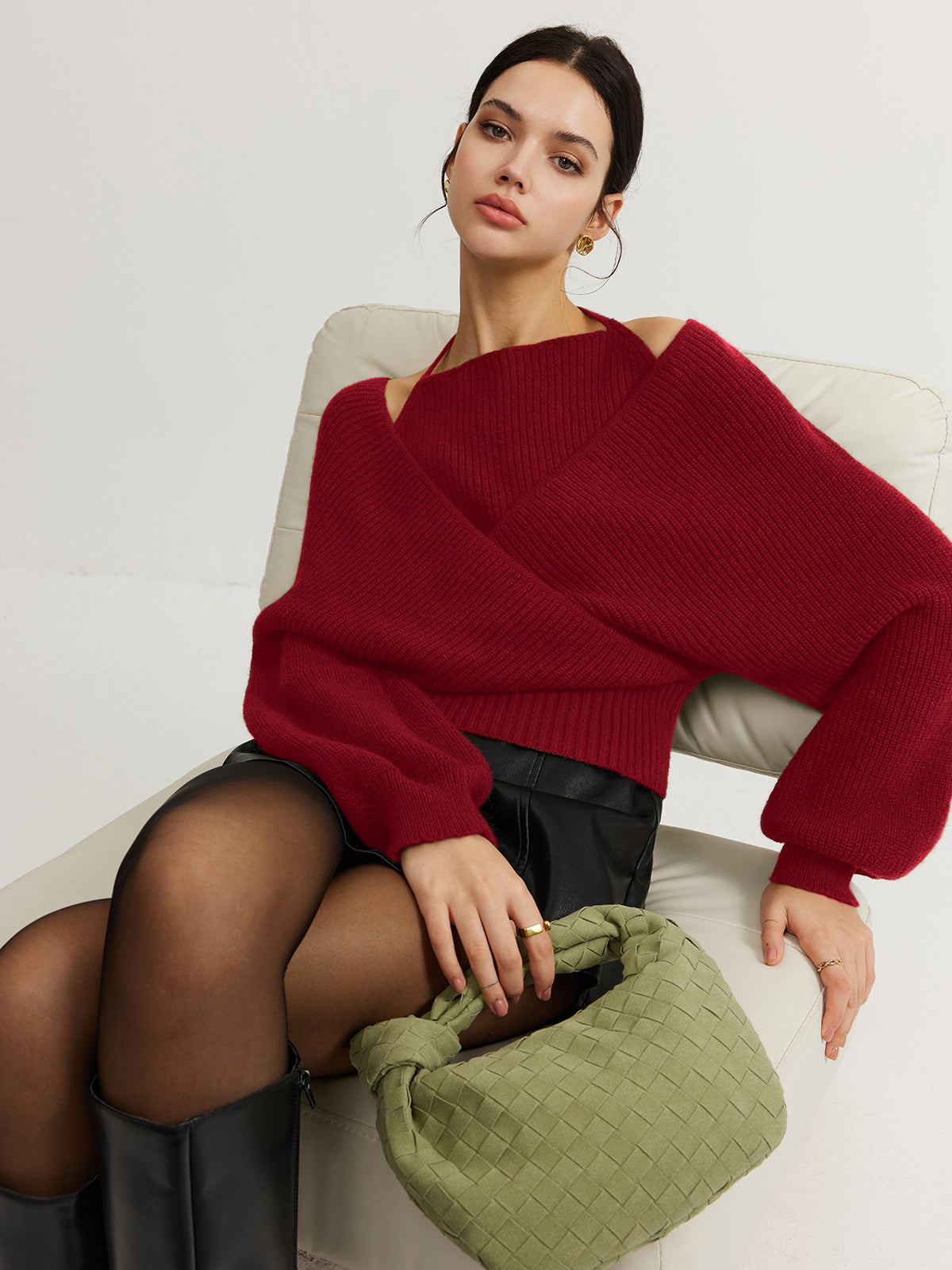 Fudus Knit Halter Top with Batwing Sleeves