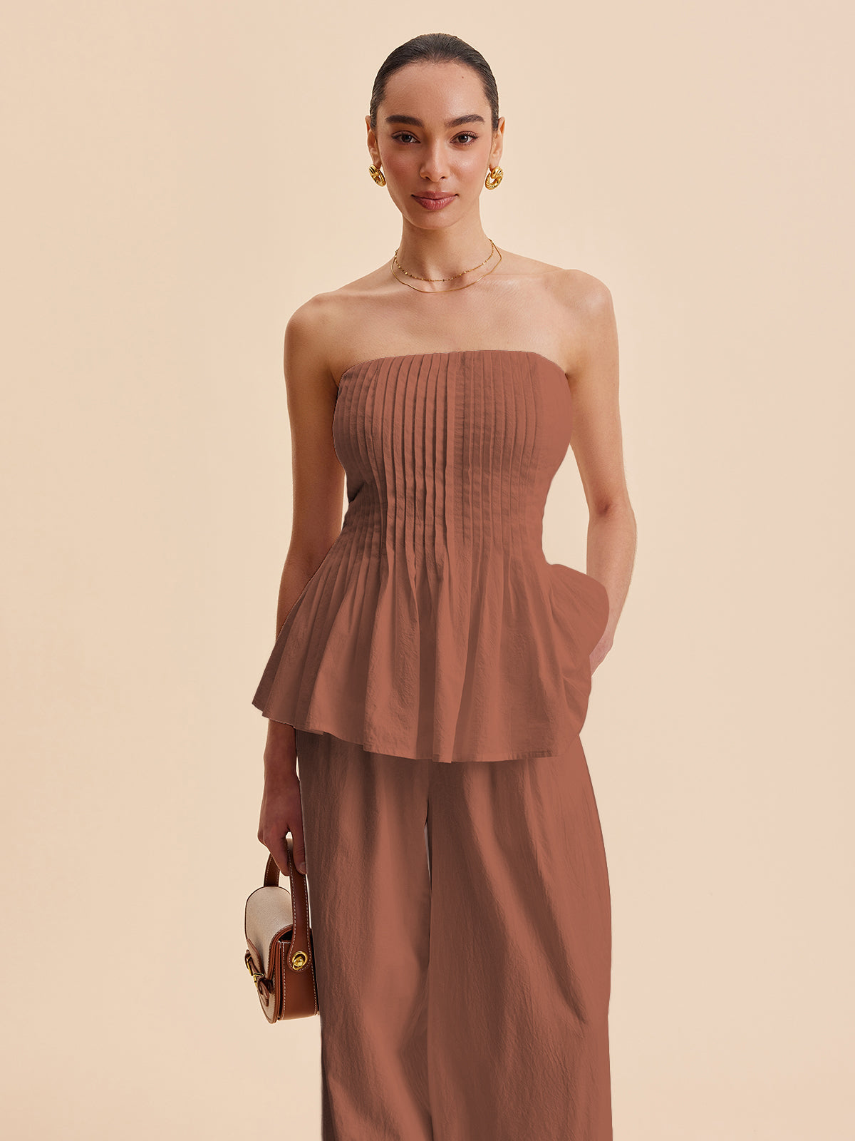 Fudus Baumwoll-Bustier-Top mit Peplum-Saum, knitterarm