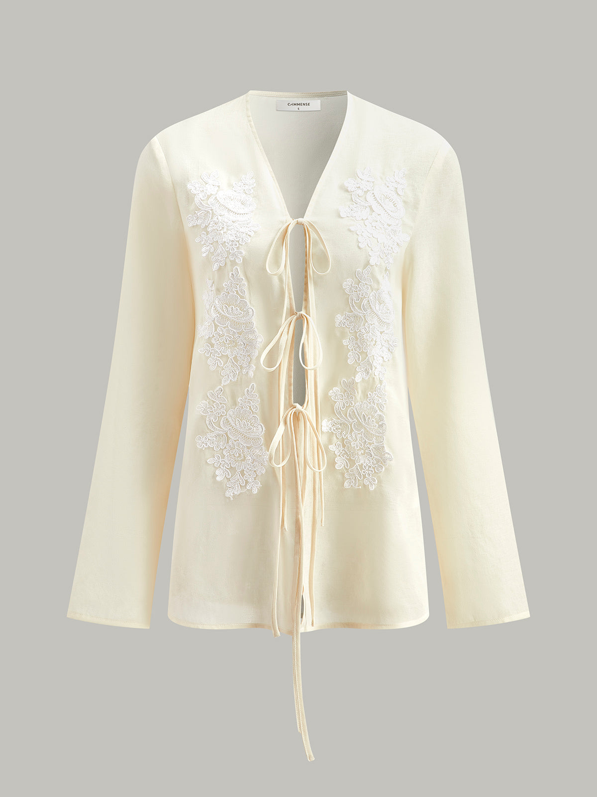 Fudus Semi-Sheer Embroidered Front-Tie Blouse