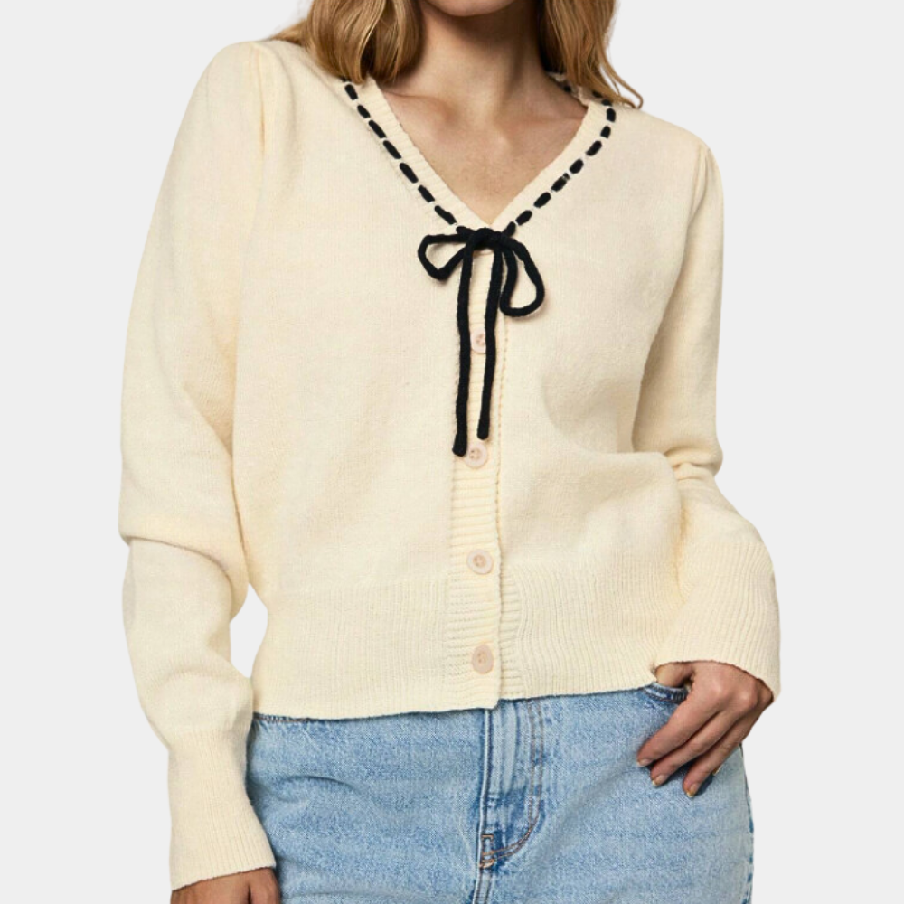 Eleganter Damenpullover Anthoula mit V-Ausschnitt und hübscher Schleife
