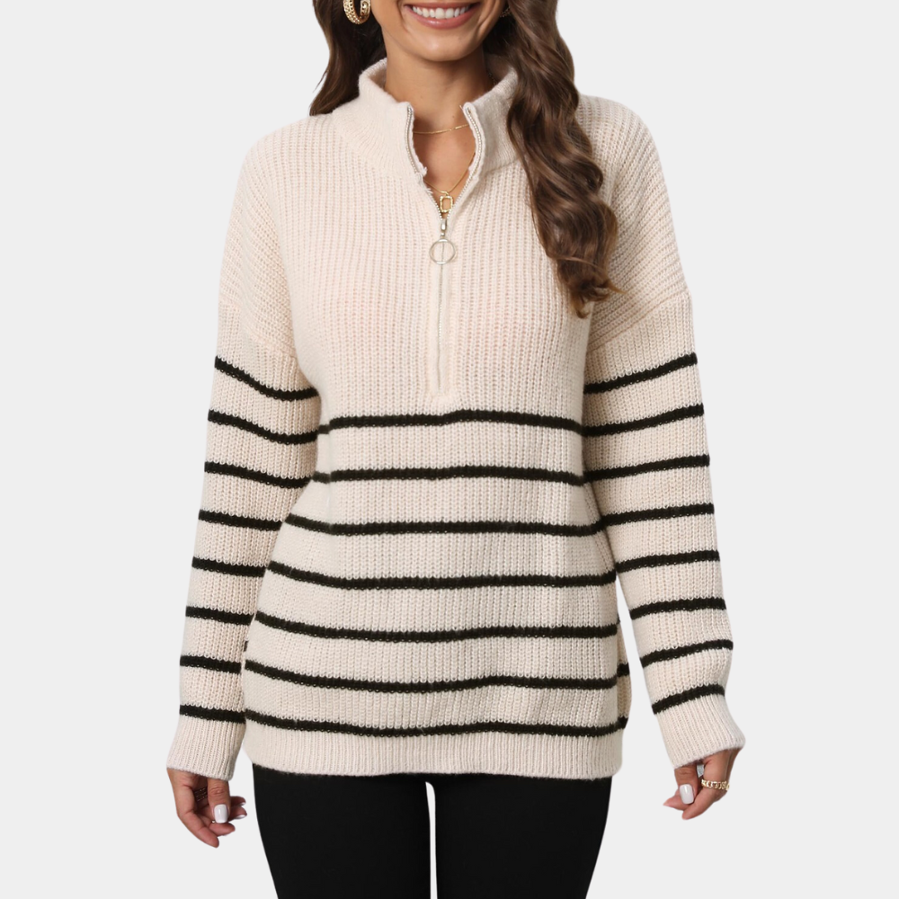 Damen-Pullover Nydia:  Lockerer gestreifter Strickpullover mit kurzem Reißverschluss
