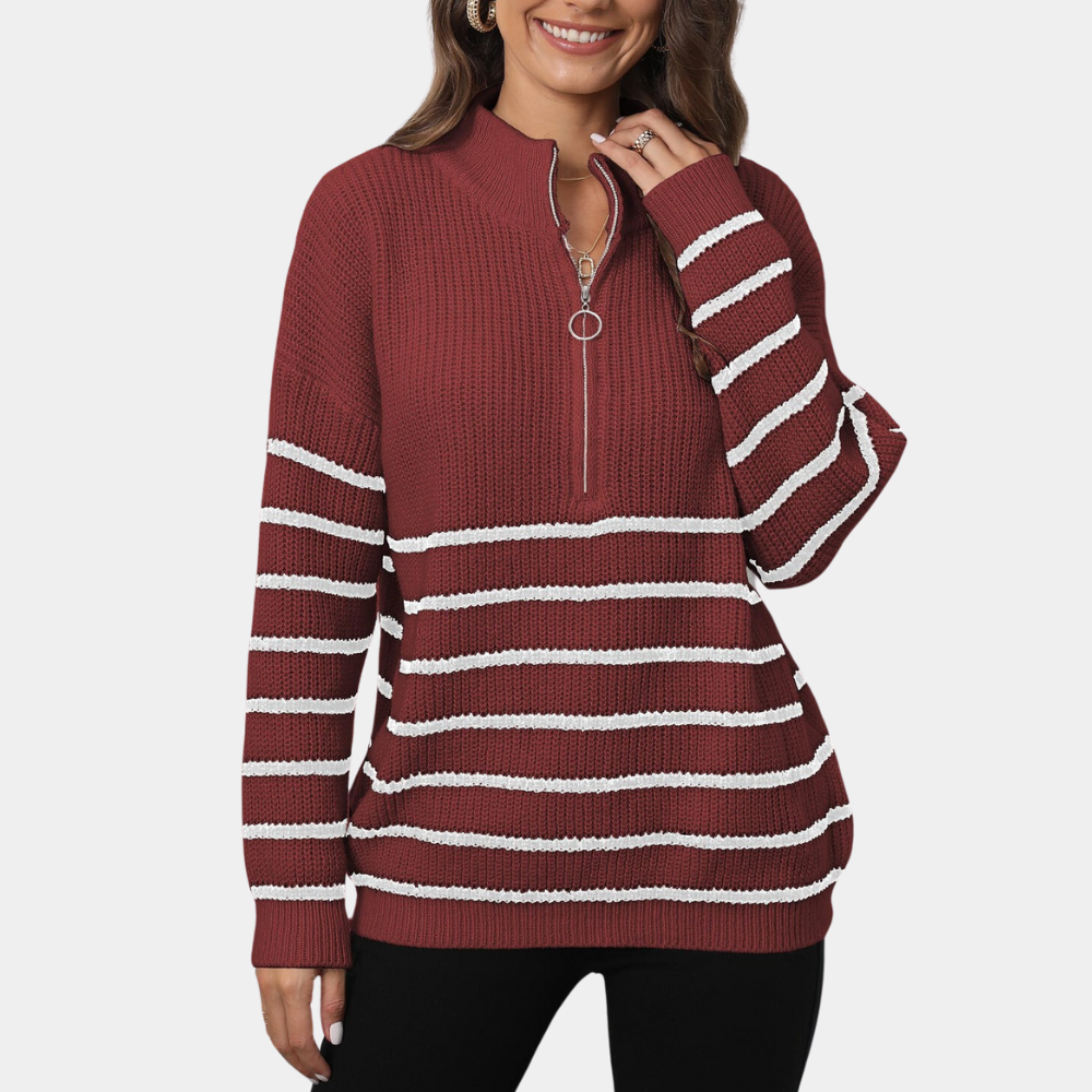 Damen-Pullover Nydia:  Lockerer gestreifter Strickpullover mit kurzem Reißverschluss