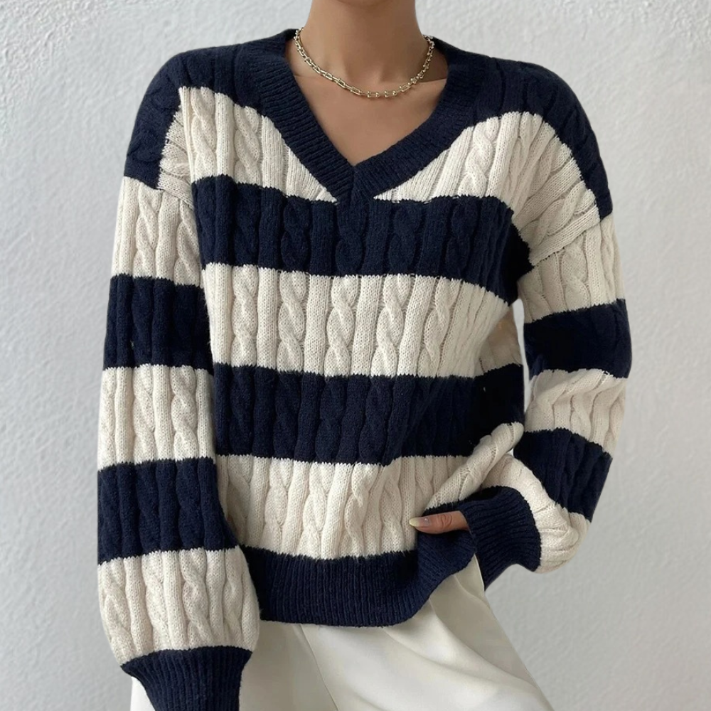 Eleganter Damenpullover mit V-Ausschnitt und Streifen von Yamina