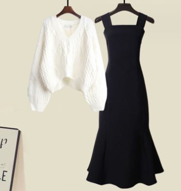 Hochwertiges Stacey Set: Kreuzstrickpullover & Fischschwanzkleid (2-teilig)