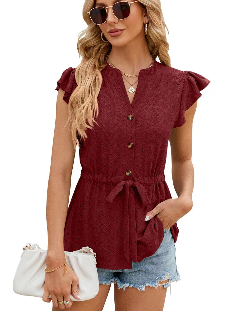 Fudus Bluse mit Rüschenärmeln, Knöpfen und Taillengürtel