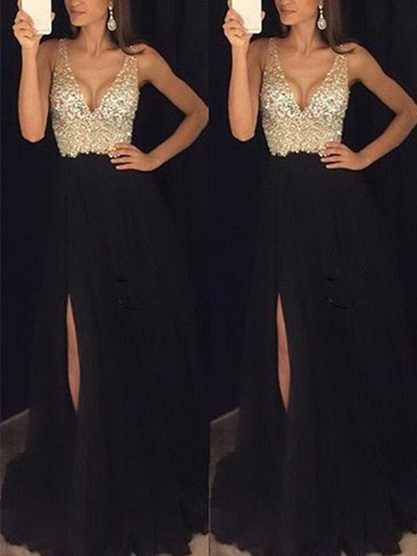 Fließendes Fudus Maxikleid mit seitlichem Pailletten-Schlitz und V-Ausschnitt