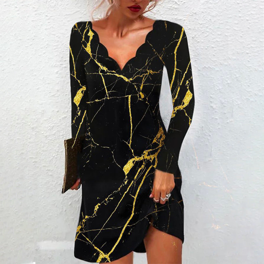 Elegantes, bedrucktes Wellen-V-Ausschnitt-Langarmkleid von Fudus