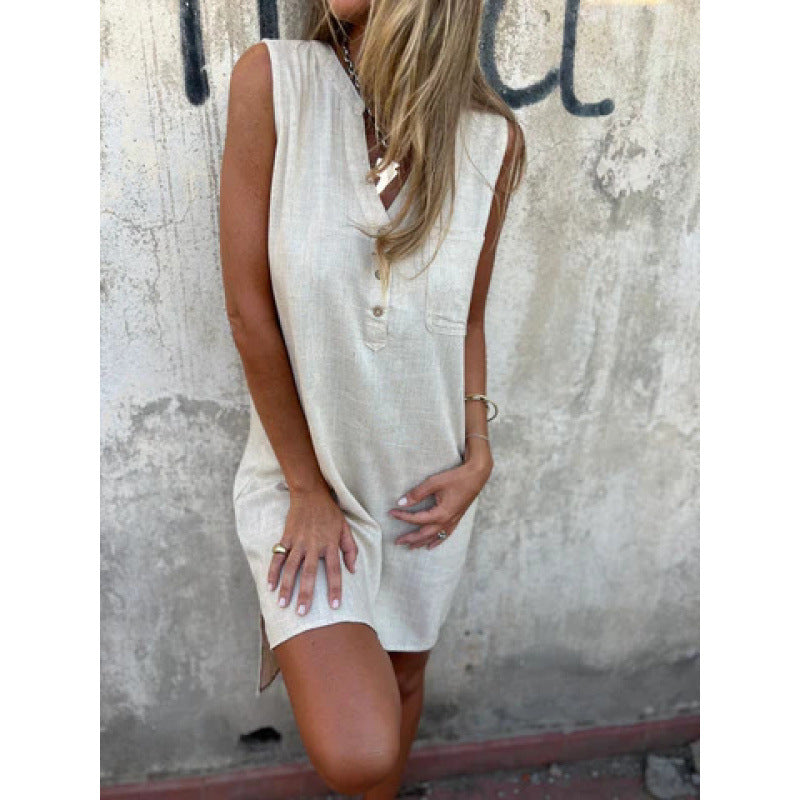 Fudus lässiges, lockeres, ärmelloses Leinenkleid