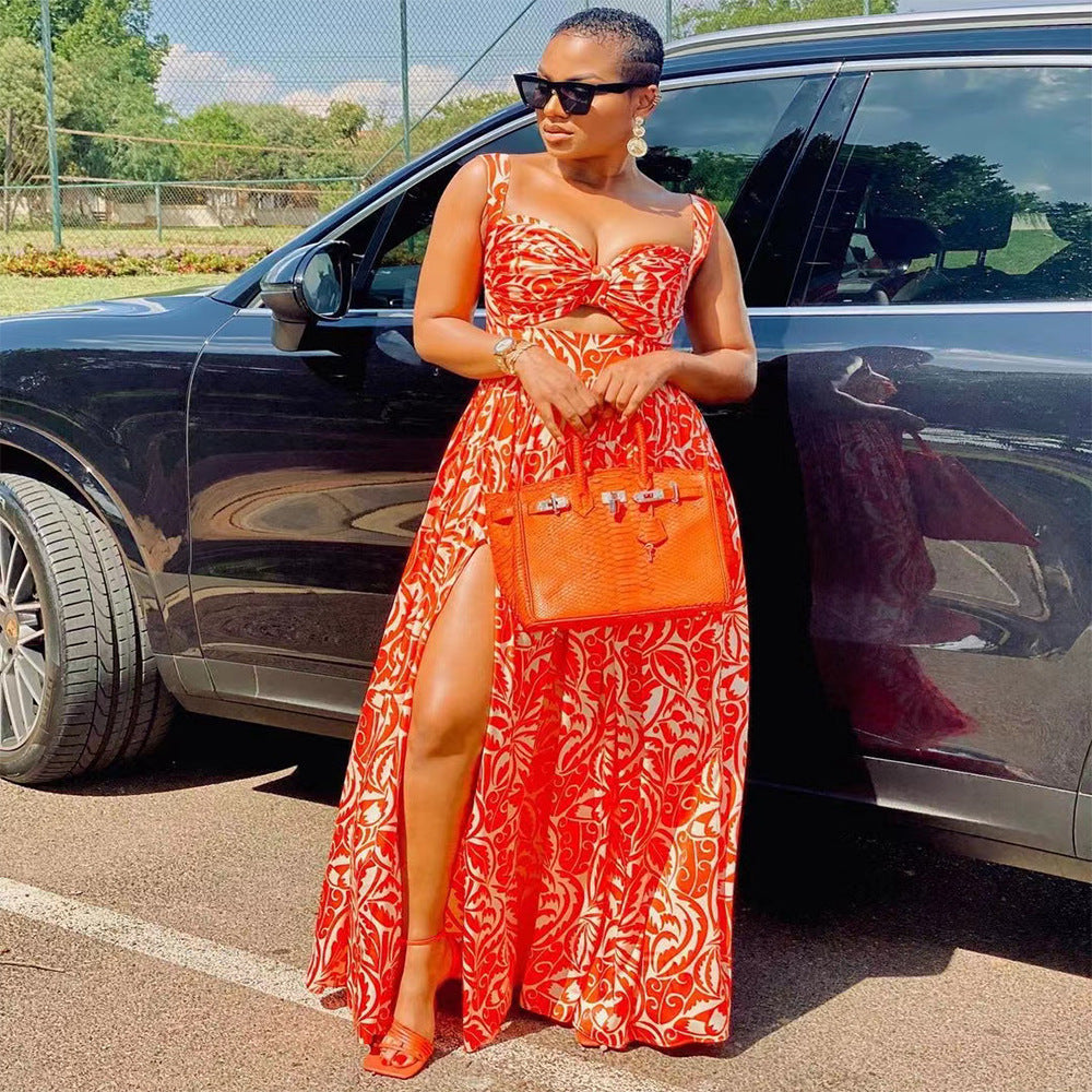 Fudus Casual Print Sling Slit Maxi Dress