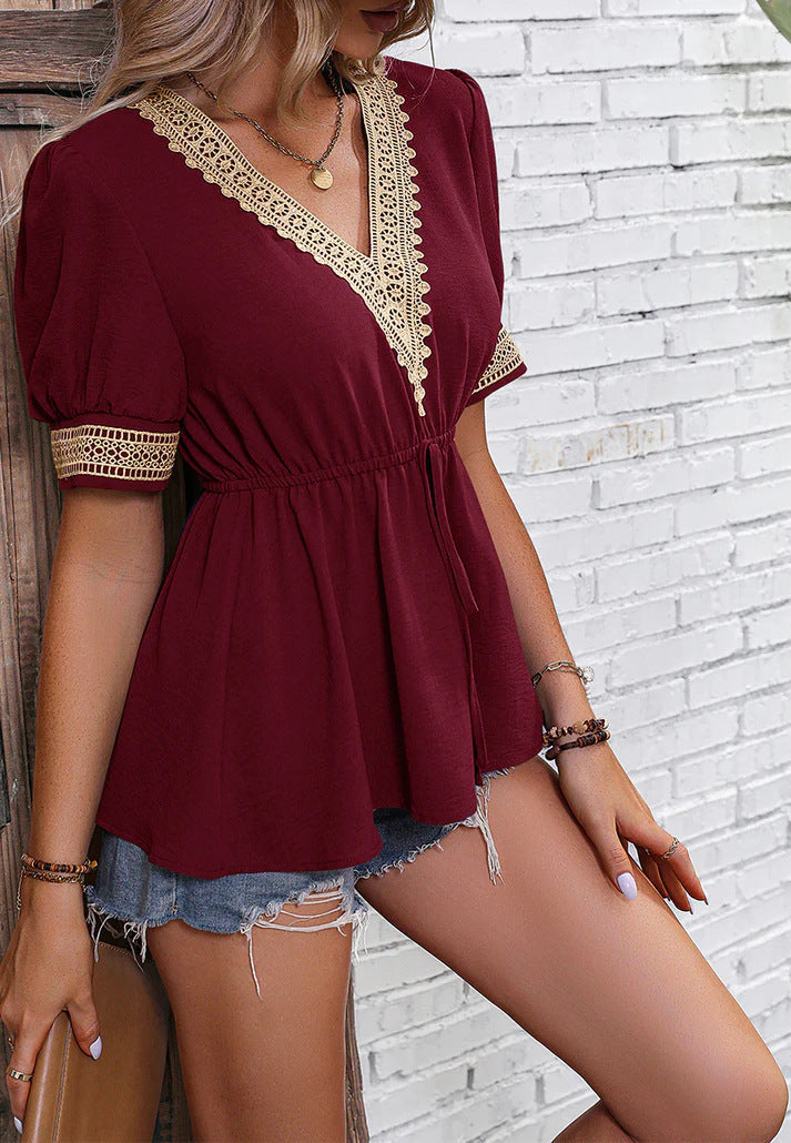 Fudus: schickes Kurzarm-Spitzen-T-Shirt mit V-Ausschnitt für den Sommer