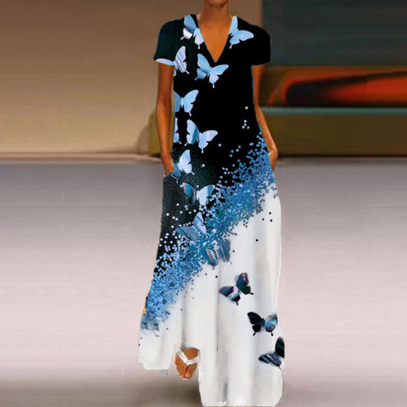 Elegantes Kurzarmkleid mit Schmetterlingsmuster und V-Ausschnitt von Fudus