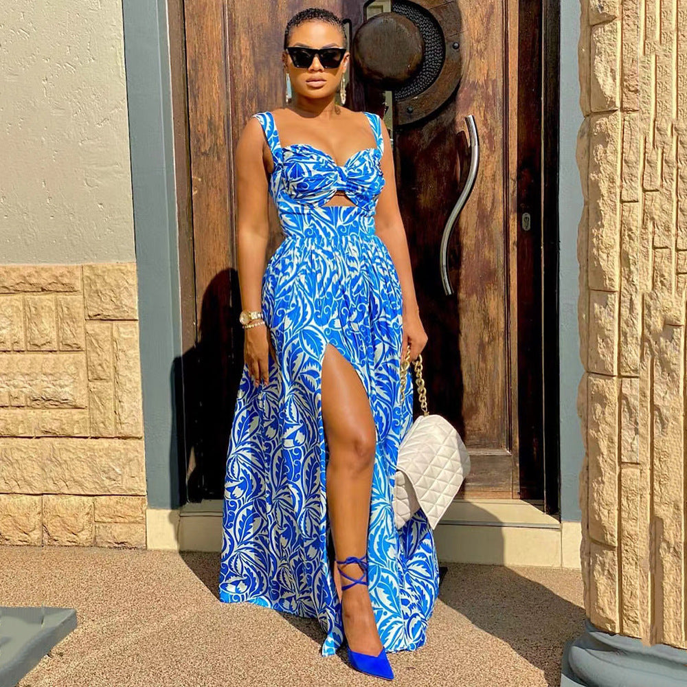 Fudus Casual Print Sling Slit Maxi Dress