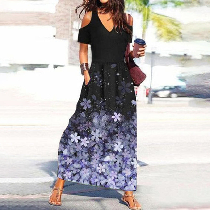 Elegantes Blumenmuster-Kleid mit V-Ausschnitt und off-shoulder Schnitt von Fudus