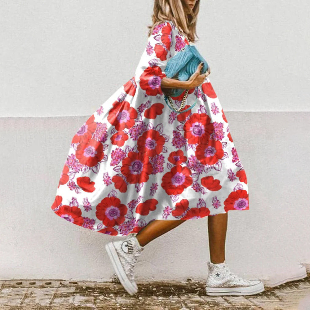 Fudus Kleid mit elegantem Blumenmuster und Dreiviertelärmeln