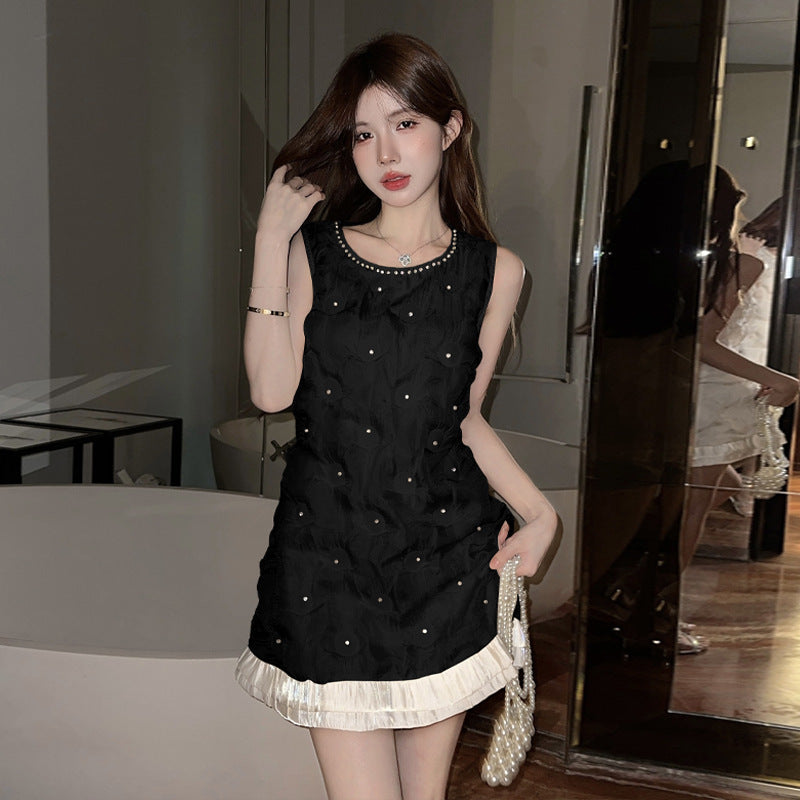 Fudus Chanel-Stil Rundhals-Plissee-Weste Kleid mit Nieten