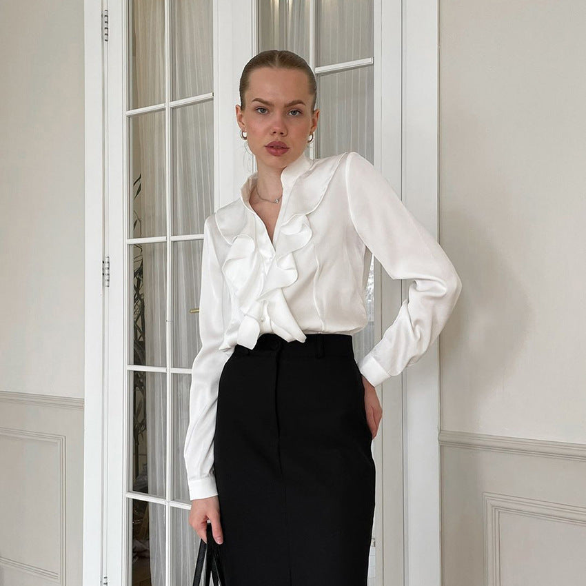 Edles Damen-Langarmhemd aus schwarzem Satin mit Stehkragen von Fudus