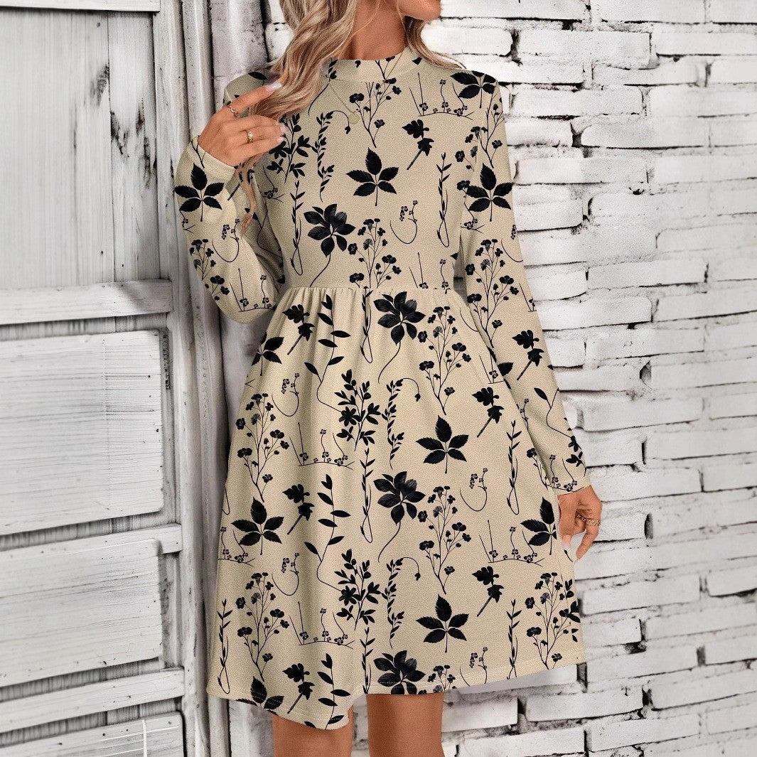 Fudus Schickes Blumenmuster-Rundhals-Langarmkleid