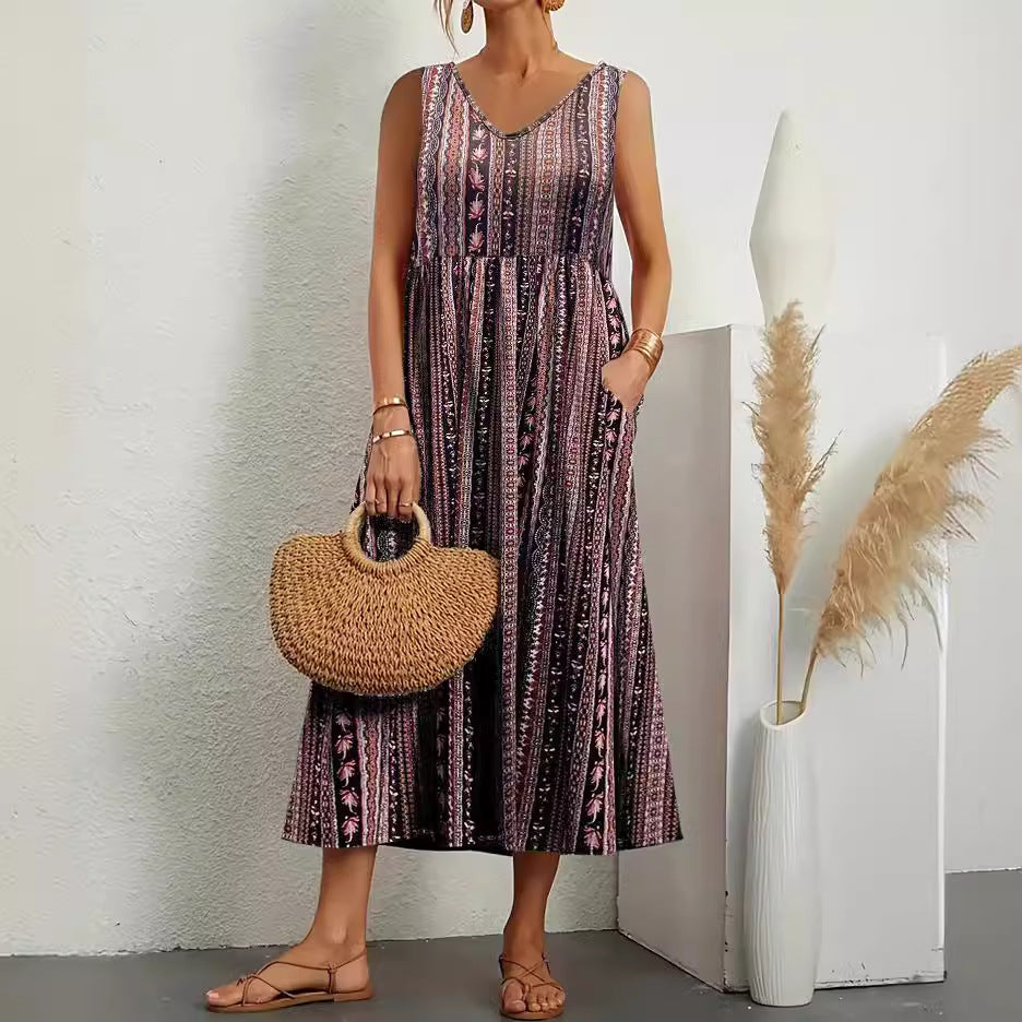 Fudus Sommerkleid: Elegantes, ärmelloses V-Ausschnitt-Printkleid mit Taschen