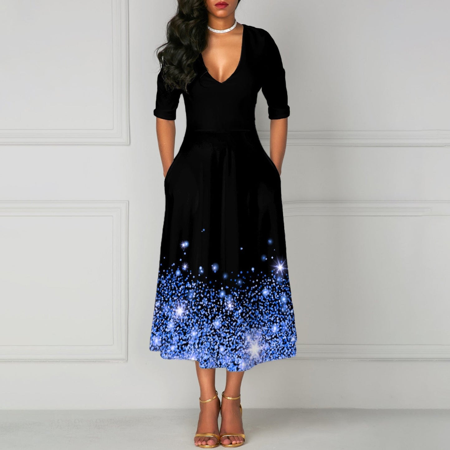 Fudus Elegantes V-Ausschnitt Kleid mit Taschen und fünf Ärmeln