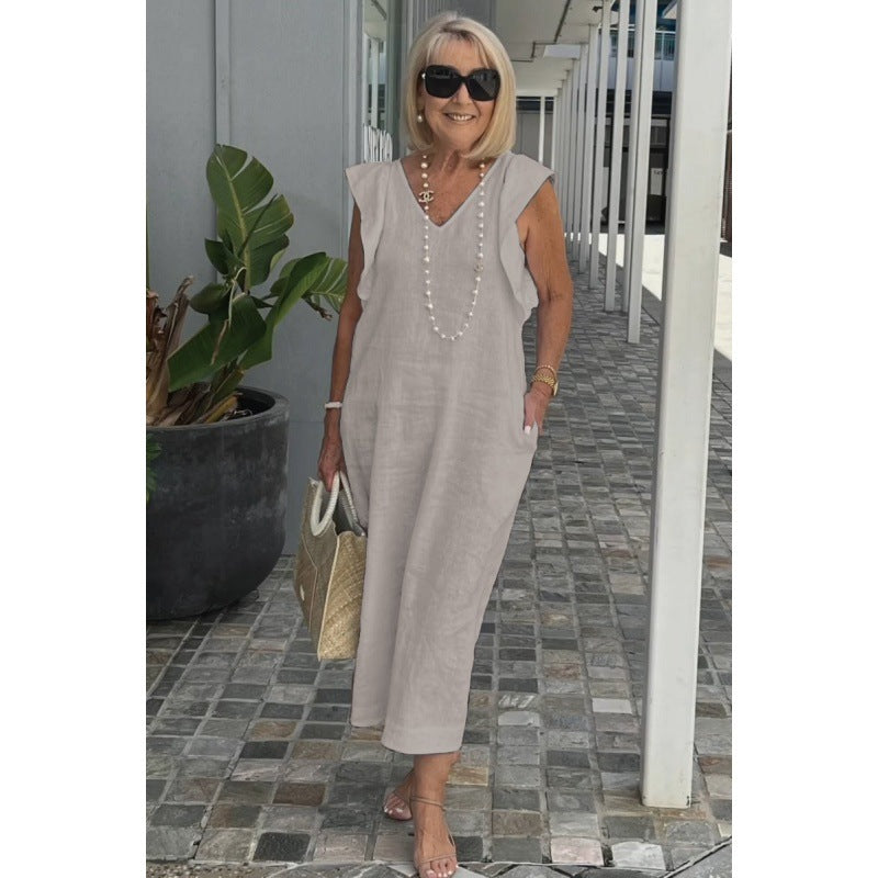 Elegant Fudus Cotton-Linen Dress with Flutter Sleeves and Back Tie