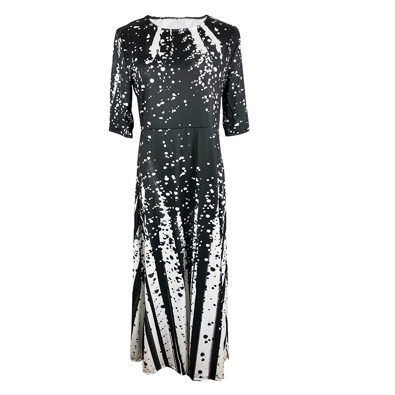 Fudus Kleid mit elegantem Print, Rundhalsausschnitt, mittel langen Ärmeln und weitem Saum