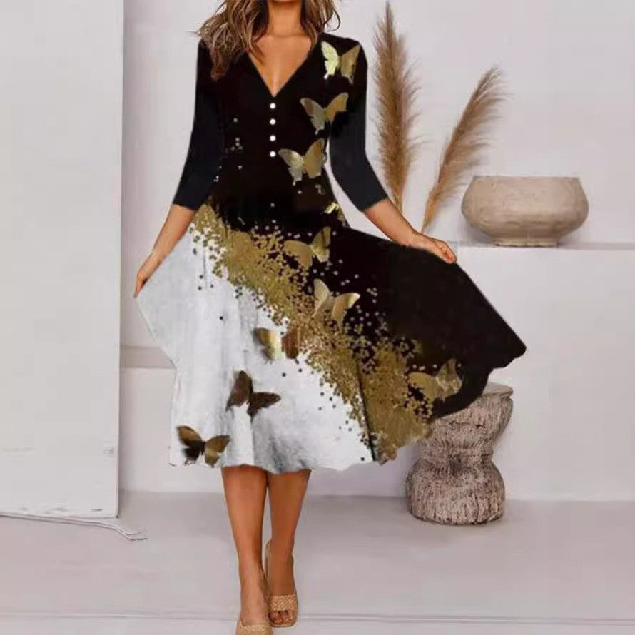 Fudus Kleid: Stilvolles Druckknopf-V-Ausschnitt-Dreiviertelarm-Kleid