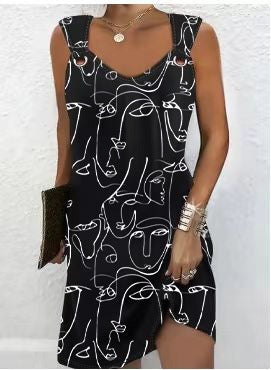 Fudus Elegantes Sommerkleid mit abstraktem Druck und Knopfdesign