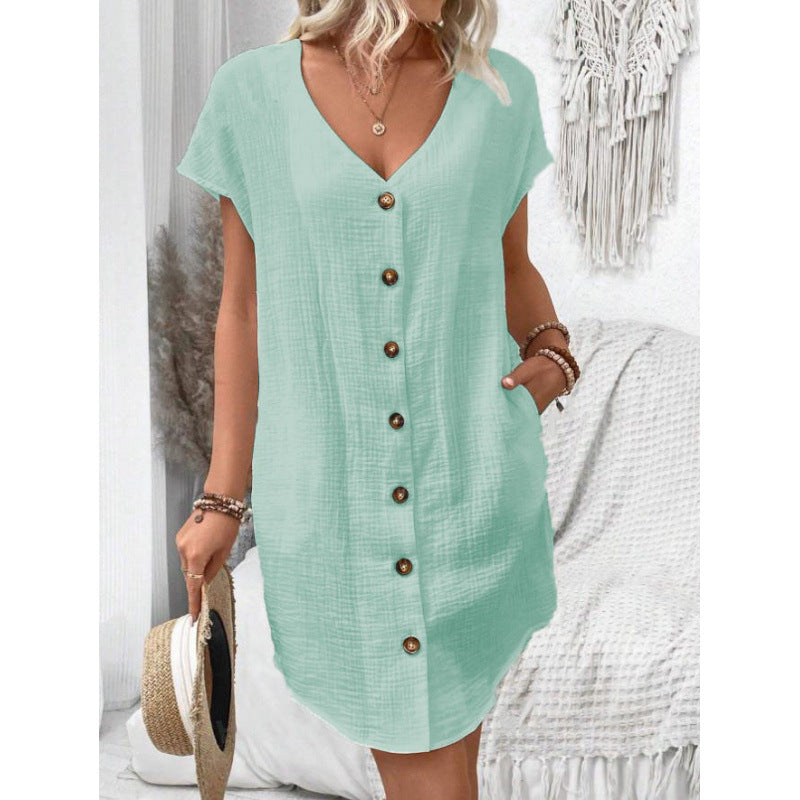 Baumwoll-Leinen Kleid mit V-Ausschnitt und Knöpfen von Fudus