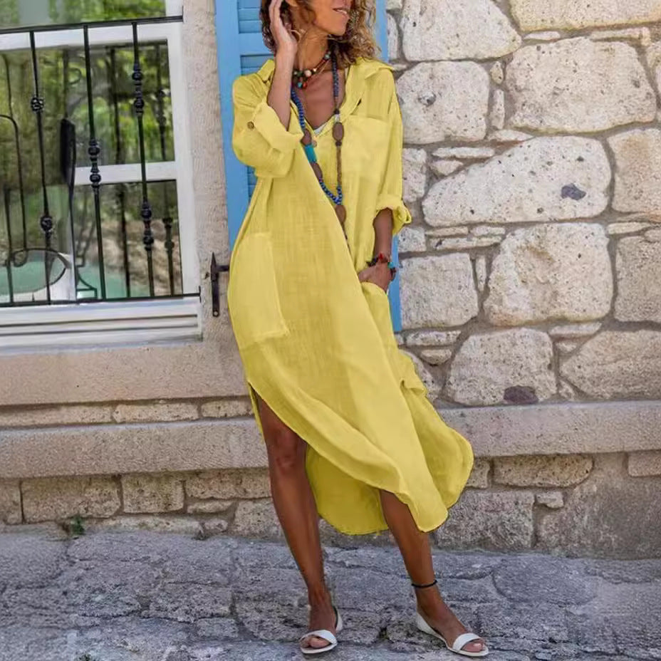 Baumwoll-Leinen Langarm Kleid von Fudus