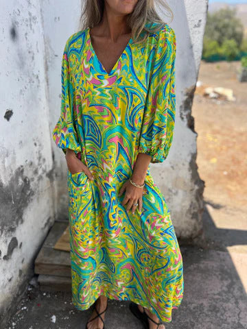 Elegantes Damenkleid mit Print, V-Ausschnitt, für Frühling und Sommer von Fudus