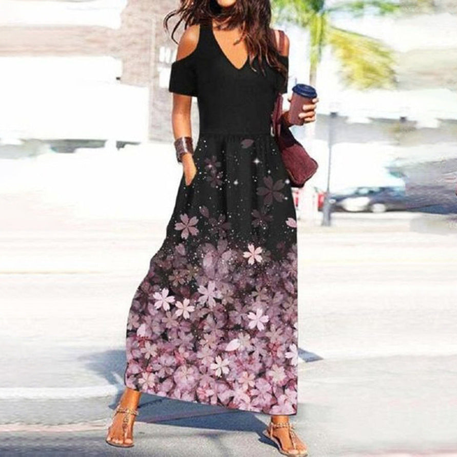 Elegantes Blumenmuster-Kleid mit V-Ausschnitt und off-shoulder Schnitt von Fudus