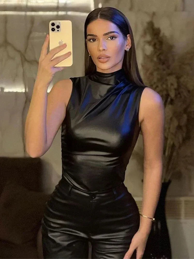 Fudus Damen Tanktop aus Leder mit gefaltetem Kragen