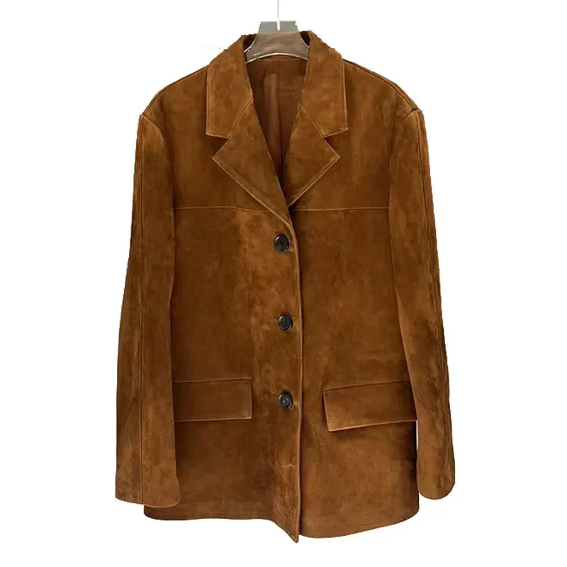 Braune Wildleder-Baumwolljacke für Damen im Vintage-Stil von Reishana
