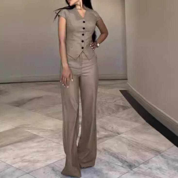 Fudus V-Neck Top and Straight-Leg Pant Suit