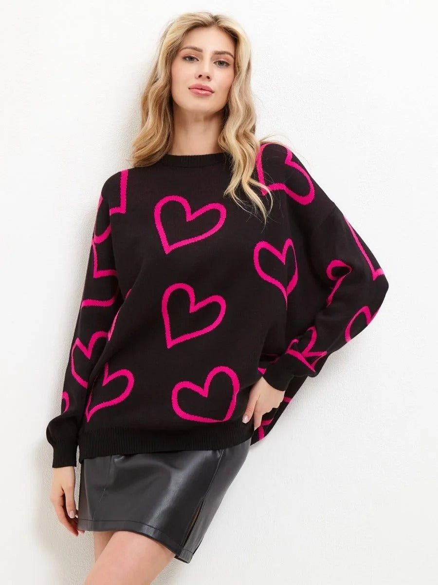 Fudus Heart Print Pullover Sweater