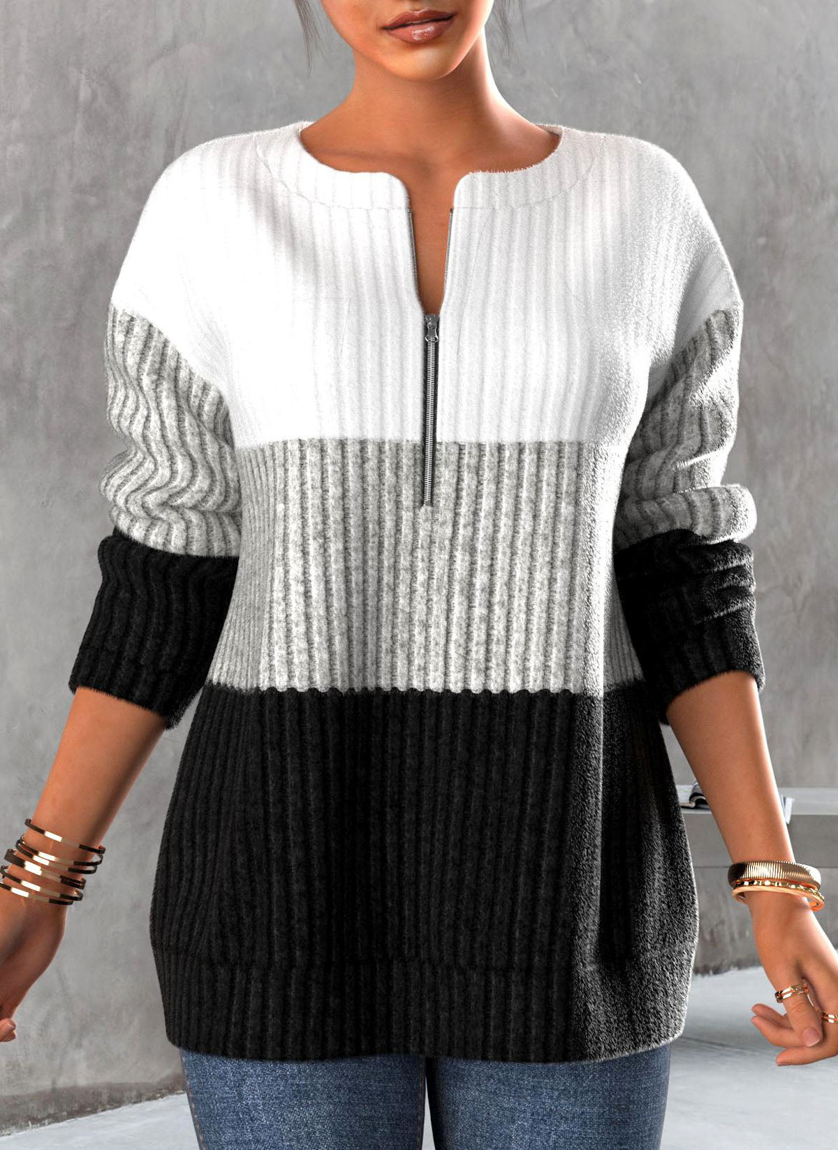 Frauen Rundhals-Sweatshirt mit Kontrast-Reißverschluss von Fudus