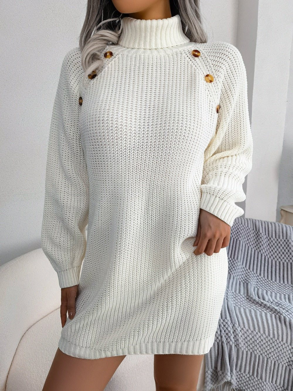 Damen Strickkleid Mina: Langer, gemütlicher Pullover mit Knöpfen