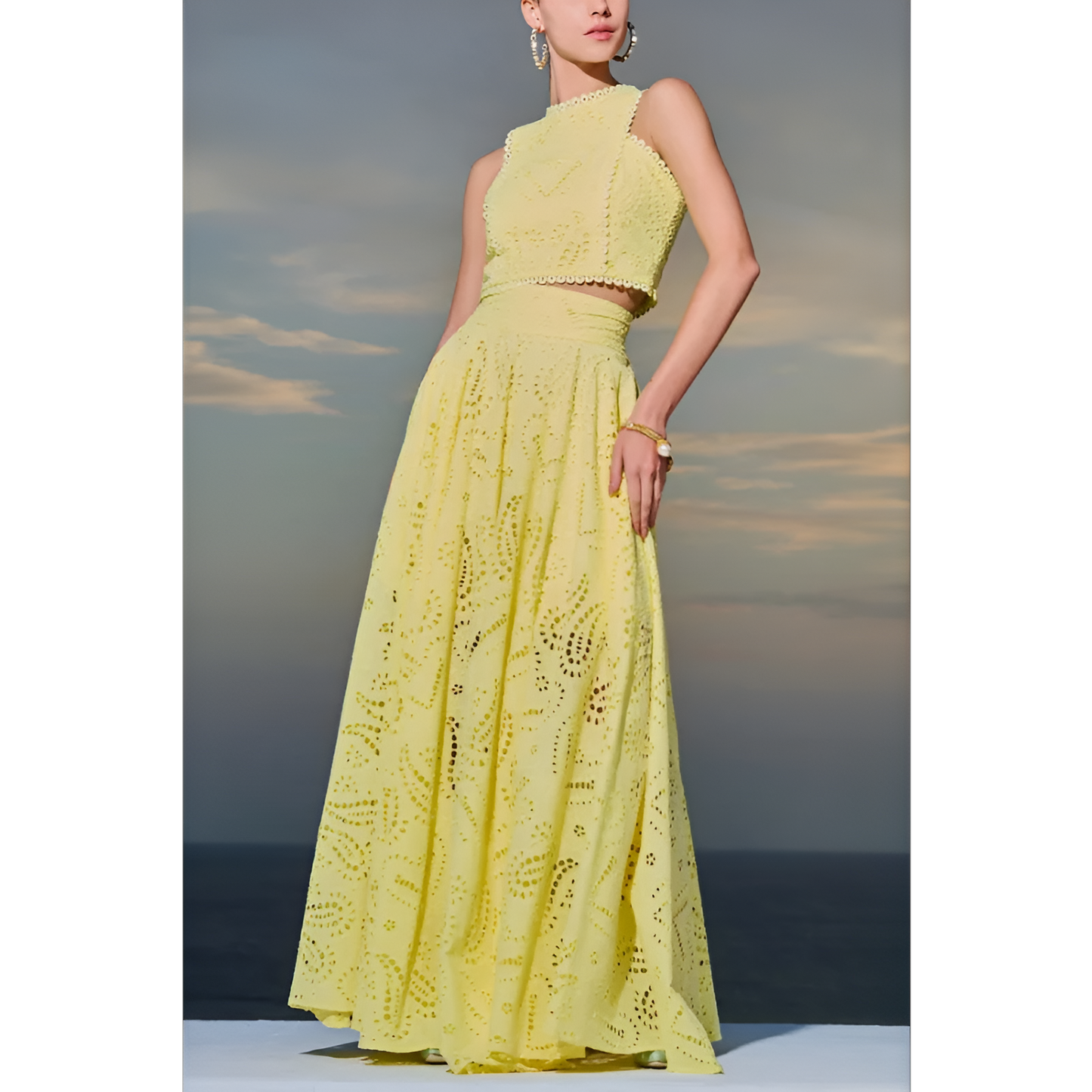 Fudus Baumwoll-Leinen-Crop-Top mit langen Pagodenärmeln, 2-teiliges Set