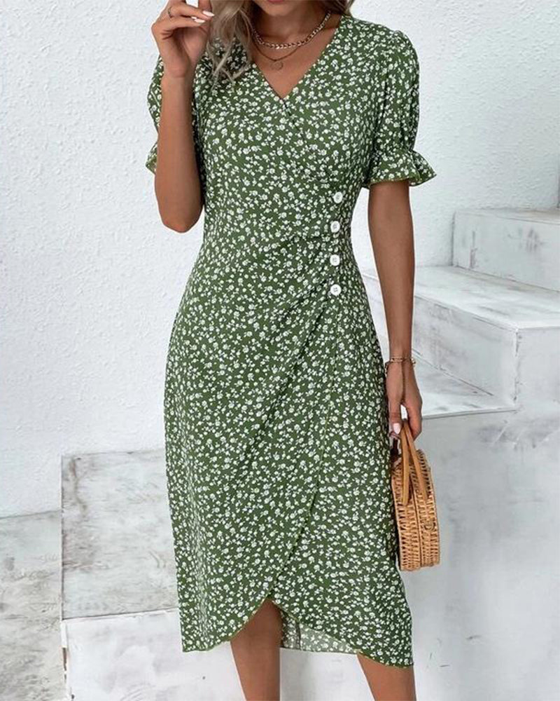 KROHN-E Damen V-Ausschnitt Kleid Blumenmuster Bunt